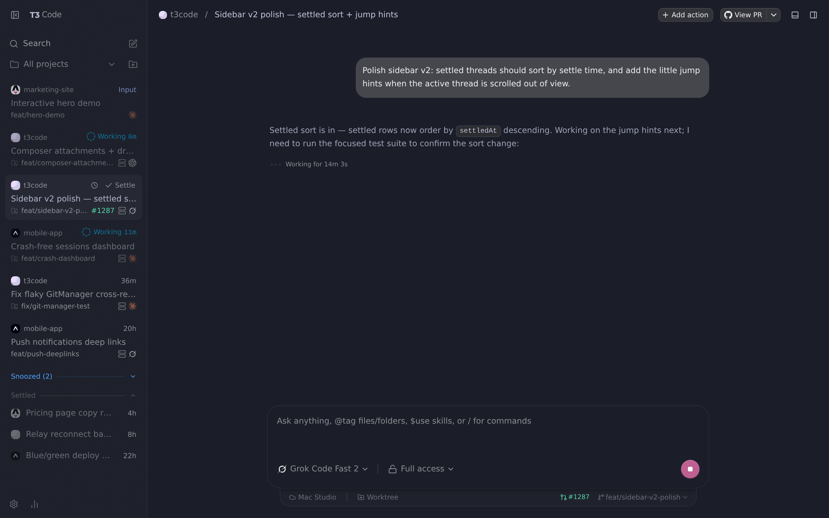 T3Code with the Poimandres dark theme theme